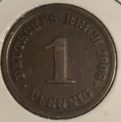 Монета Германия 1 пфенниг 1908 год D