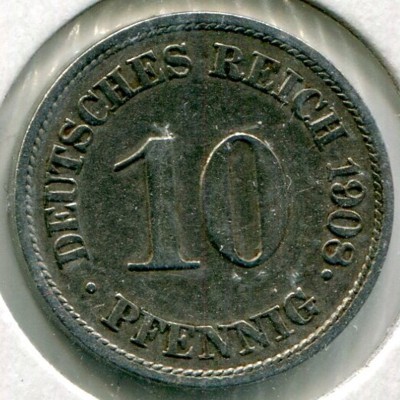 Монета Германия 10 пфеннигов 1908 год. J
