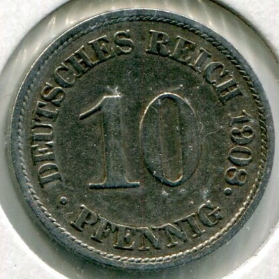 Монета Германия 10 пфеннигов 1908 год. J