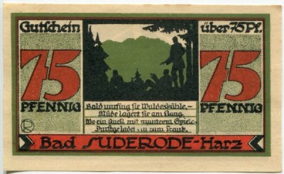 Банкнота Бад-Зудероде 75 пфеннигов 1921 год.