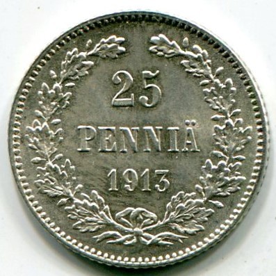 Монета Русская Финляндия 25 пенни 1913 год.
