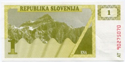 Банкнота Словения 1 толар 1996 год.