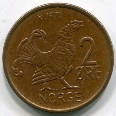 Монета Норвегия 2 эре 1971 год.