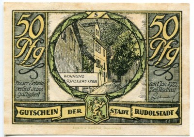 Банкнота город Рудольштадт 50 пфеннигов 1922 год.