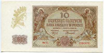 Банкнота Польша 10 злотых 1940 год.