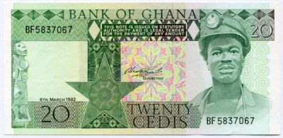 Банкнота Гана 20 седи 1982 год.