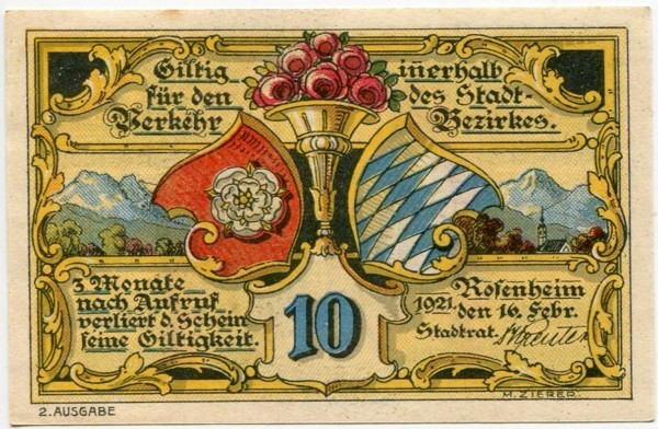 Банкнота город Розенхайм 10 пфеннигов 1921 год.
