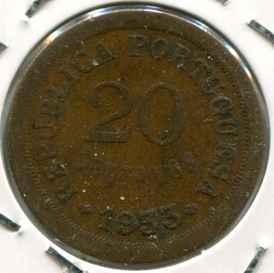 Монета Португальская Гвинея 20 сентаво 1933 год.