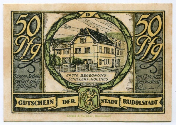 Банкнота город Рудольштадт 50 пфеннигов 1922 год.