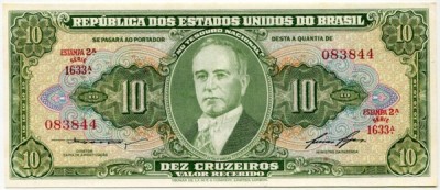 Банкнота Бразилия 10 крузейро 1953-60 год.