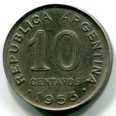 Монета Аргентина 10 сентаво 1953 год.