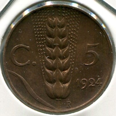 Монета Италия 5 чентезимо 1924 год.