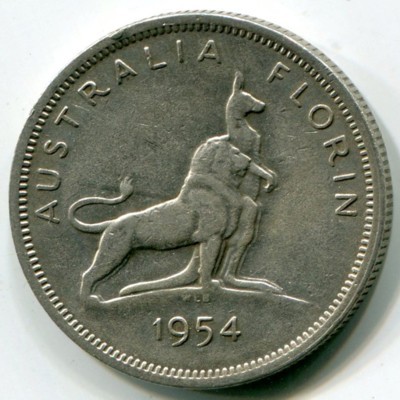 Монета Австралия 1 флорин 1954 год. Королевский визит в Австралию.