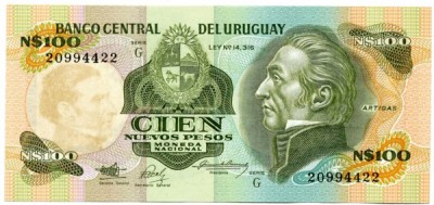 Банкнота Уругвай 100 песо 1987 год.