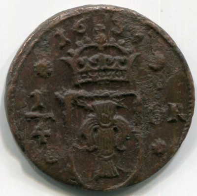 Монета Швеция 1/4 эре 1634 год.