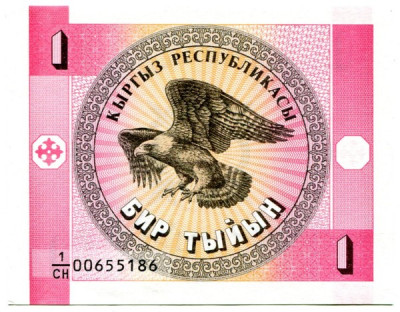 Банкнота Киргизия 1 тыйын 1993 год.