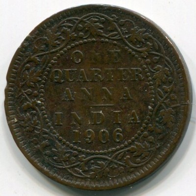 Монета Индия 1/4 анны 1906 год. Король Эдуард VII