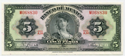 Банкнота Мексика 5 песо 1963 год.