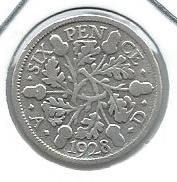 Монета Великобритания 6 пенсов 1928 год