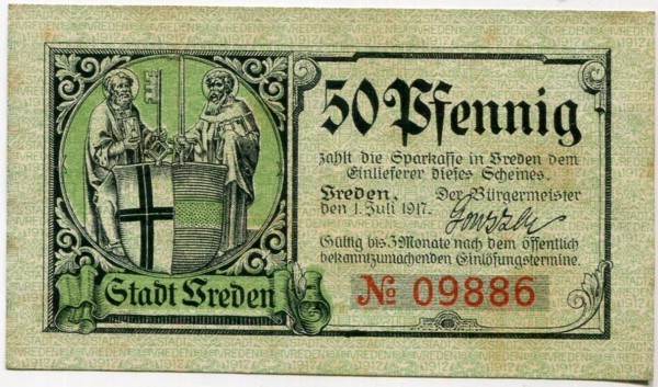 Банкнота город Фреден 50 пфеннигов 1917 год.