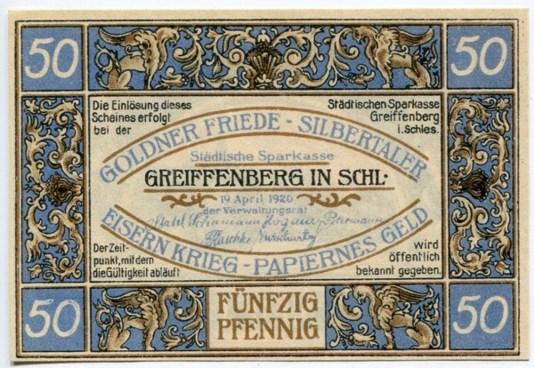 Банкнота Грейффенберг 50 пфеннигов 1921 год.