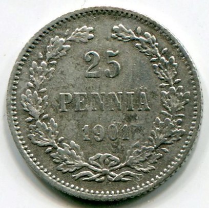 Монета Русская Финляндия 25 пенни 1901 год.