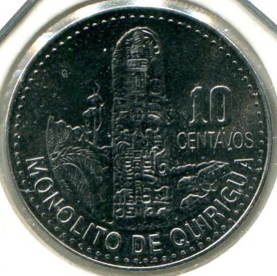Монета Гватемала 10 сентаво 2009 год.