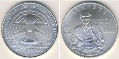 США, серебряная монета 1 доллар, 125 летие юбилея  успешной демонстрации лампочки Томаса Алва Эдисона, 2004 года