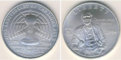 США, серебряная монета 1 доллар, 125 летие юбилея  успешной демонстрации лампочки Томаса Алва Эдисона, 2004 года
