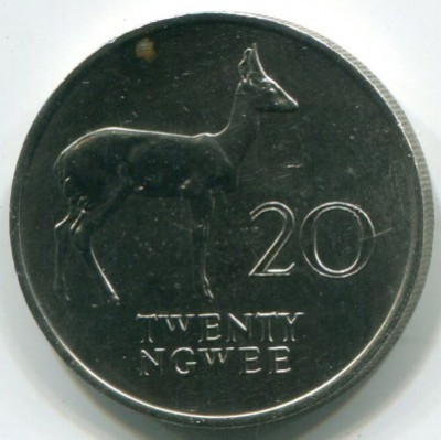 Монета Замбия 20 нгвей 1988 год.