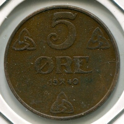 Монета Норвегия 5 эре 1940 год.