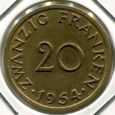 Монета Саарланд 20 франков 1954 год.