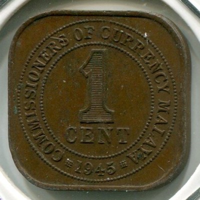 Монета Британская Малайя 1 цент 1945 год.