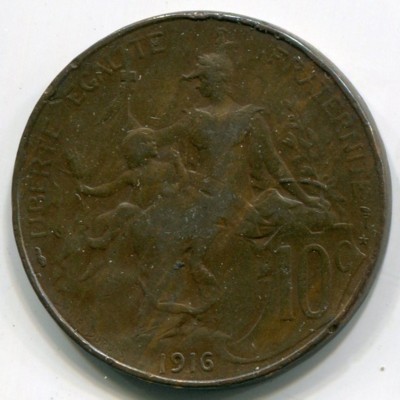 Монета Франция 10 сантимов 1916 год.