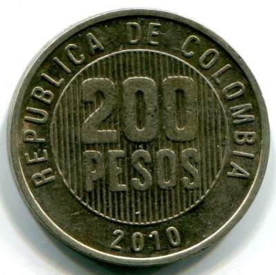 Монета Колумбия 200 песо 2010 год. 
