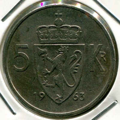 Монета Норвегия 5 крон 1963 год.