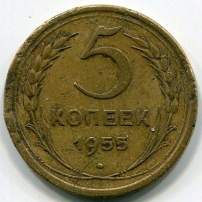Монета СССР 5 копеек 1955 год.