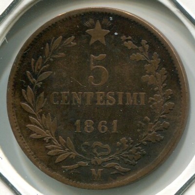 Монета Италия 5 чентезимо 1861 год. М