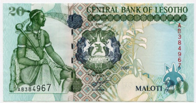 Банкнота Лесото 20 малоти 2007 год.