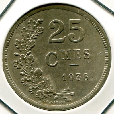 Монета Люксембург 25 сантимов 1938 год.