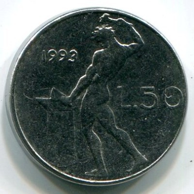 Монета Италия 50 лир 1993 год.