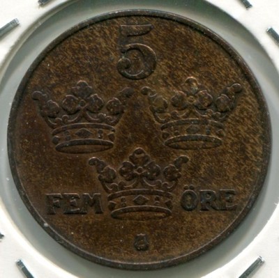 Монета Швеция 5 эре 1919 год.