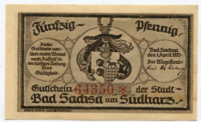 Банкнота город Бад-Закса 50 пфеннигов 1921 год.