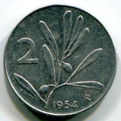 Монета Италия 2 лиры 1954 год.
