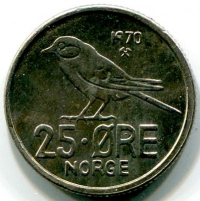 Монета Норвегия 25 эре 1970 год.