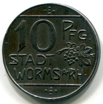 Монета Вормс 10 пфеннигов 1918 год. Нотгельд