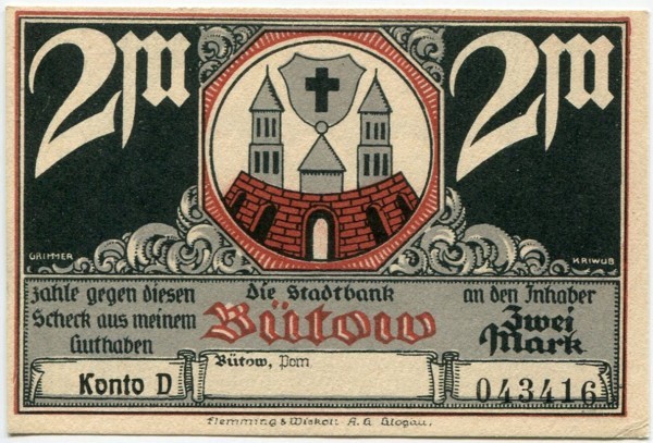 Банкнота коммуна Бютов 2 марки 1922 год.