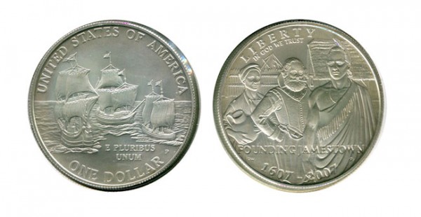 США, серебряная монета 1 доллар, 400 летие поселения в Джеймстауне, штат Вирджиния, 2007 года