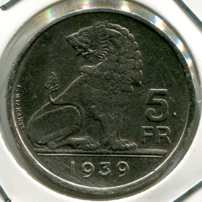Монета Бельгия 5 франков 1939 год.