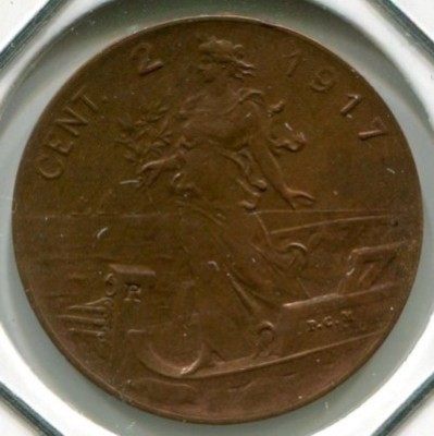 Монета Италия 2 чентезимо 1917 год.